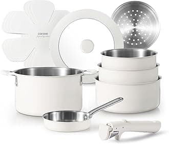 CAROTE 12pcs Pots and Pans Set, Stainless Steel Cookware Set Detachable Handle, Induction Kitchen Cookware Sets with Removable Handle, RV Cookware Set, Oven Safe, Cream White