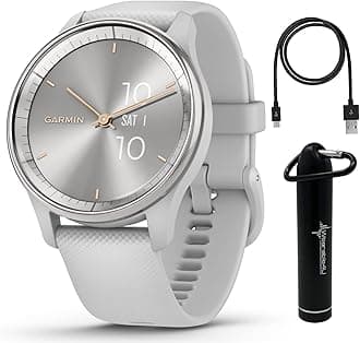 Garmin vivomove Trend 40 mm Hybrid Women Smartwatch, Silver Stainless Steel Bezel with Mist Gray Case with Wearable4U E-Bank Bundle