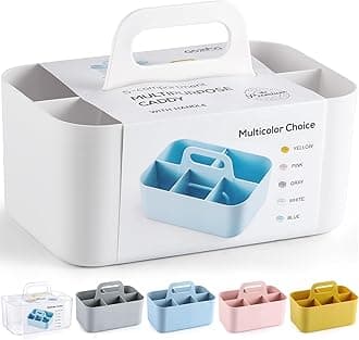 Multipurpose Caddy Organizer with Handle, 5 Cpmpartments - Stackable Plastic Caddy Box with Divider | Desk, Makeup, Dorm, School Classroom Art, Utensil, Shower, Cleaning Items Storage Tote - White