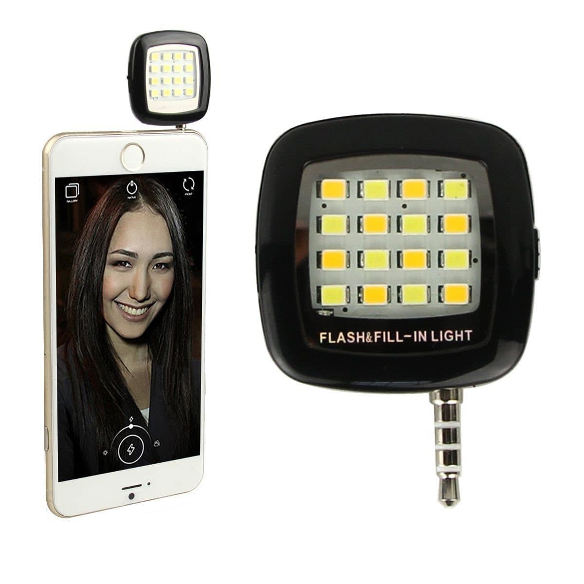 ActionFly Portable Mini 16 LED Night Using Selfie Enhancing Dimmable Flash Light Cellphone Camera Flash Fill-in Light Pocket Spotlight Photo Video Light Lamp Speedlite For Smartphone (Black)