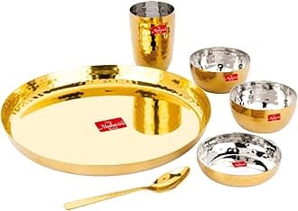 Round Gold PVD Luxury Solid Dinnerware Set, Food Grade, Used for Home & Restaurant with 1 Thali, 2 Bowls, 1 Sweet Dish, 1 Glass & 1 Spoon - Set of 6