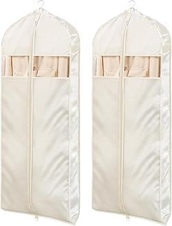 Univivi Super Soft Satin Hanging Garment Bags, 60" Dress Bags Covers Long with Zipper, Dress Covers Full Length with Gussets, Breathable & Non-smell for Dresses, Coats, Jackets, Suit, 2 Pack - Apricot