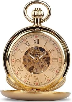 TiongVintage Mechanical Pocket Watch Unique Tourbillon Moon Phase Roman Numerals Scale Double Hunter Pocket Watches & Gift Box