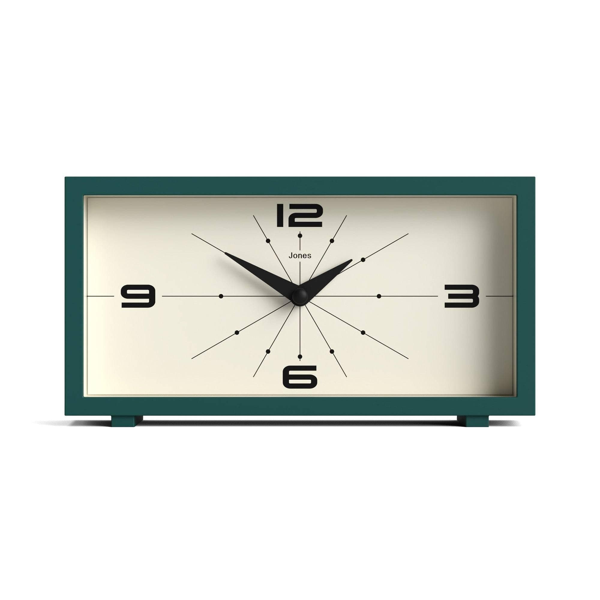 JONES CLOCKS® 'Odeon' Desk Clock - Modern Rectangular Design in Green, Stylish Retro Look for Shelf, Table, Mantel or Bedside
