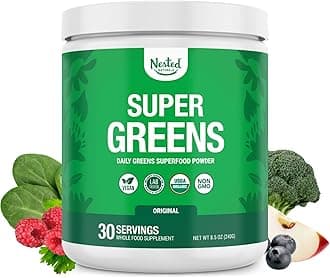 Nested Naturals Super Greens Daily Superfood Powder - Certified USDA Organic Green Powder w/20+ Whole Foods, Spirulina Powder,Wheat & Barley Grass - Probiotics, Fiber & Enzymes - Original Flavour, 30