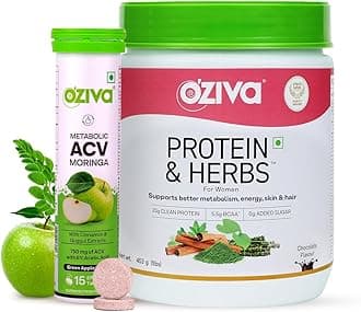 Oziva Protein & Herbs For Women (Chocolate) To Reduce Body Fat, Manage Weight 1Lbs And Acv Moringa For Weight Loss | 3-In-1 Fat Oxidation Formula, 15 Effervescent Tablets (Green Apple)