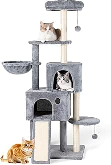 59" Large Cat Tree Tower for Indoor Cats Soft Plush Multi-Level Cat Condo House with Hammock, 2 Cat Cave, Scratching Post, Sisal Staircase, Grey