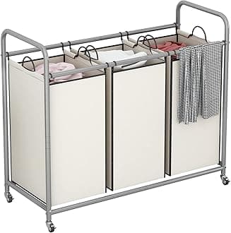 LINZINAR 3-Bag Laundry Sorter,Laundry Hamper Cart with Heavy Duty Rolling Lockable Wheels and Removable Bags (Beige)