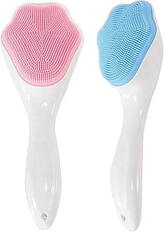 Silicone Face Scrubber Exfoliating Brush, Beomeen 2 Pack Manual Handheld Facial Cleansing and Blackhead Scrubber, Soft Bristles Waterproof for Face Skincare (Blue, Pink)