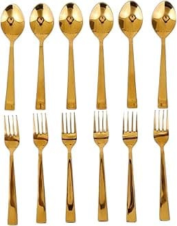 Cutlery Set for Dining Table (Set of 12, Stainless Steel PVD Gold Spoons - 6 & Forks - 6), Kitchen Utensils, 100% Food Grade, Non-Toxic, Anti-Rust, Dishwasher Safe, Ideal Gifting Set