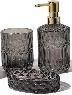 EMPO Bathroom Glass Accessories Set (Lotion Soap Dispenser, Soap Dish, Toothbrush Holder, Tumbler, Cotton Swab Jar) Contemporary Modern Decor Crystal Clear Vintage Gift (3pcs Gray)