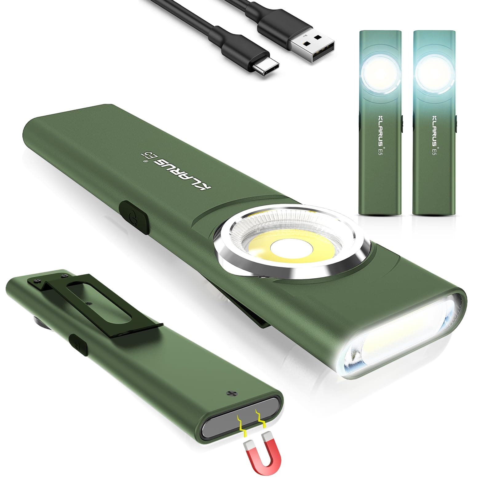 E5 2Pcs Pocket Flashlight, Rechargeable EDC Flashlight, Super Slim 4.2x1x0.3inch, 600 Lumens, USB-C Port, IPX4, Dual Light Source with Magnetic Base, Hat & Clothes Clip