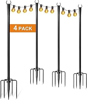 4 Pack String Light Poles for Outside, Thickened Metal Christmas Lights Hanger Pole Outdoor with Fork, Lighting Hanging Post Accessories for Patio Decor Garden Backyard Yard Outside Decorations