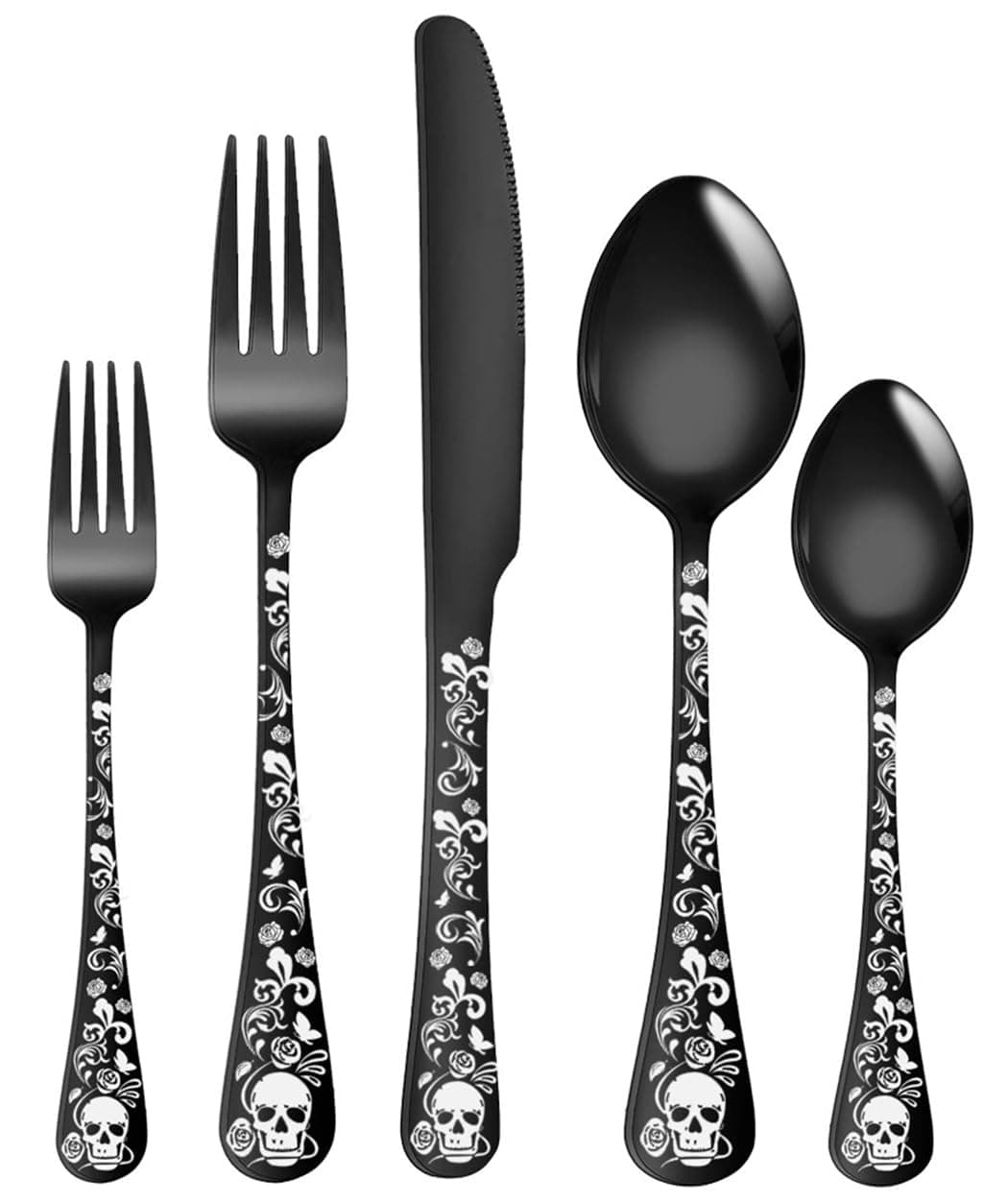 5 Piece Skull Pattern Silverware Set, Stainless Steel Flatware Set, Gothic Unique Skeleton and Flower Pattern Design, Perfect for Halloween Easter and Christmas, Black