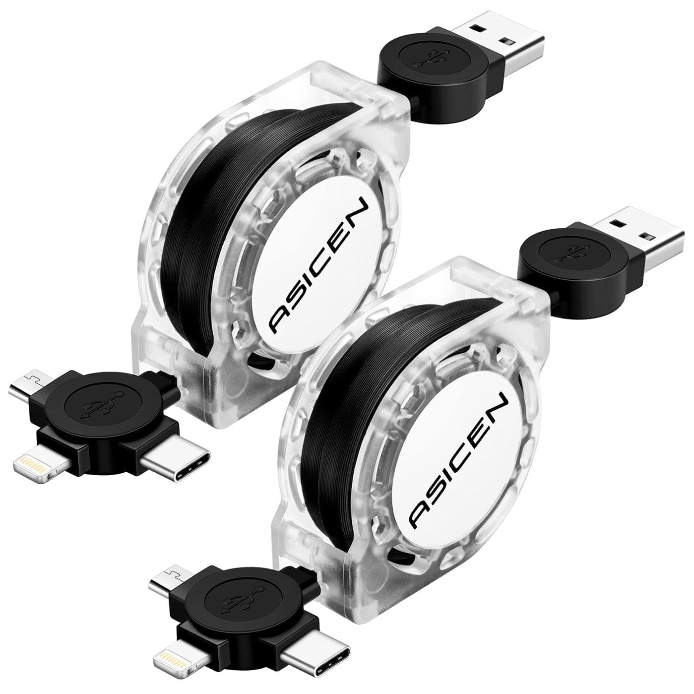 Micro USB Cable, 2 Pack 3-in-1 Retractable Lightning to USB Cable Type C Sync Fast Charging Cord for iPhone, iPad Mini/Pro/Air, Samsung, Moto, Blackberry, Nokia, LG, Google, HTC (Black)