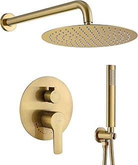 TIPOK Brushed Gold Shower System with 10 Inch Rain Shower Head and Handheld, Gold Shower Faucet Set Has High-Pressure Rain Showerhead and Pressure Balance Golden Brush Brass Valve for Shower Fixtures