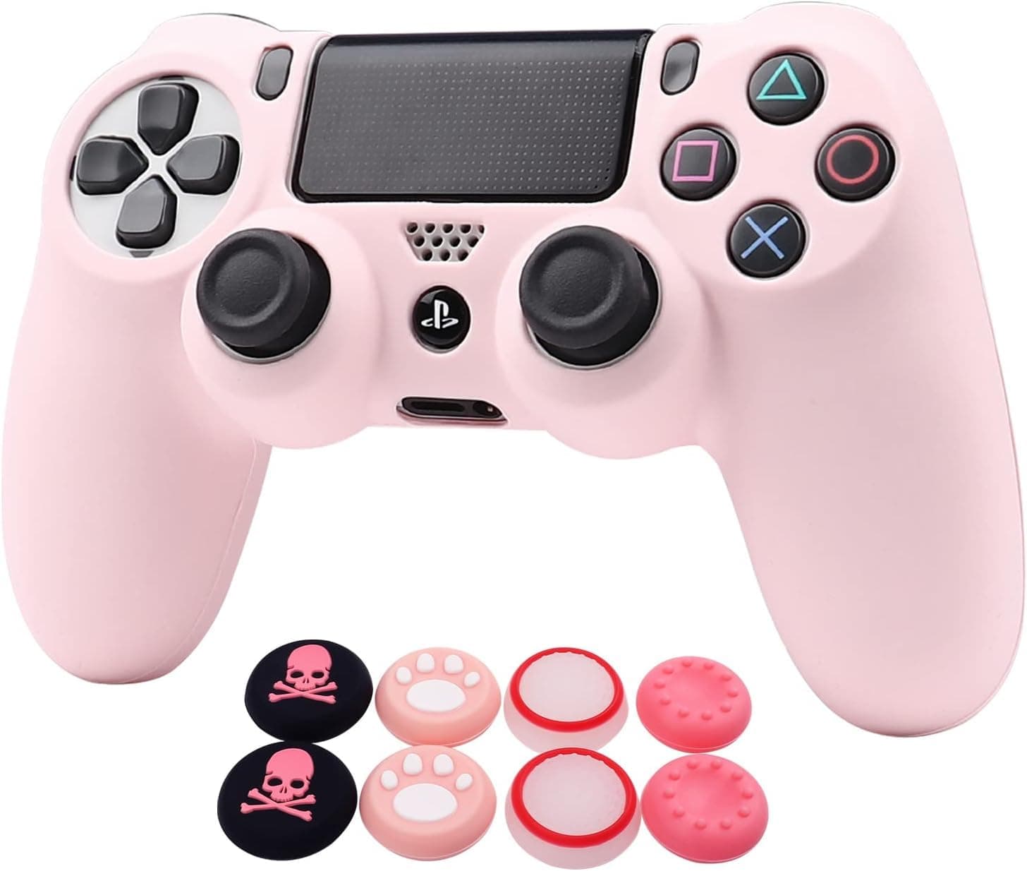 RALAN Pink Controller Skins for PS4, Silicone Controller Cover Skin Protector Compatible with PS4 Slim/PS4 Pro Controller (Pink Pro Thumb Grip x 6,Skull Cap Grip x 2)(Camouflage Pink+White Pink