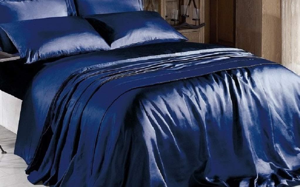 Hight Thread Count Solid Color Soft Silky Charmeuse Satin Luxury and Super Soft Bed Sheet Set (Navy Blue, California King)