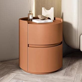 ERICAT Round Night Stand Nightstand, Wooden Bedside Table for Bedroom, Outer Leather Bedside Table, Nightstand Storage Living Room end Tables Drawer Shelf Bed Side Table(Orange,40x40x50cm)