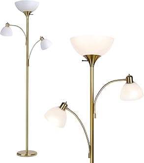 Brightech Sky Dome Double LED Floor lamp, Torchiere Super Bright Floor Lamp with 2 Reading Lamps for Living Rooms & Offices - Dimmable Tall Standing Lamp for Bedroom Reading - Tall Brass Pole