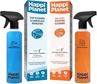 Happi Planet | Limescale Remover & Kitchen Cleaner Combo | India’s 1st Foaming Solution for Reduced Scrubbing | Suitable for Stove, Chimney, Exhaust Fan & Bathroom Fixtures, Tiles, Mirrors | 500ml x 2