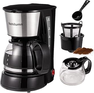 4 Cups Drip Coffee Maker, Coffee Pot Machine Permanent Coffee Filter, Mini,20Oz Electric Coffee Maker,650W Black and Stainless Steel