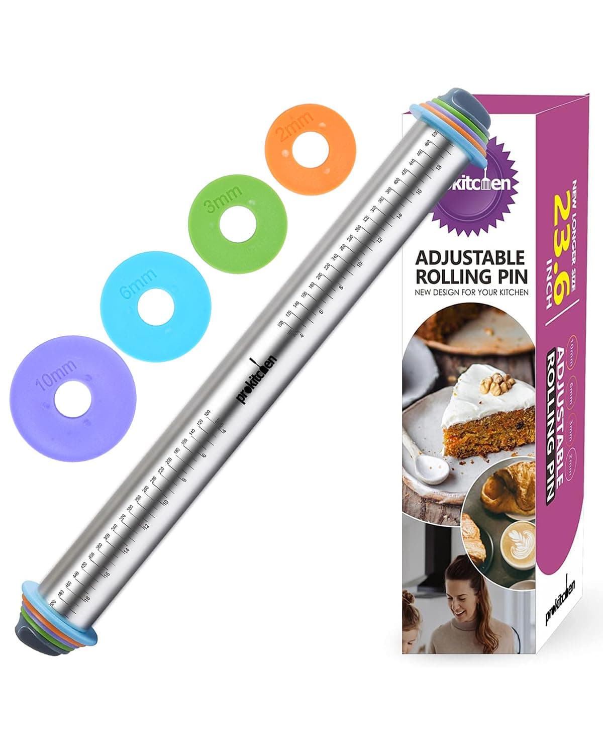 Adjustable Rolling Pin with Thickness Rings for Baking, Adjustable Stainless Steel Designs Dough Roller Pins for Cookie Decorating & Dough Pizza Pie Adjustable Long Rolling Pin 23.6 Inch