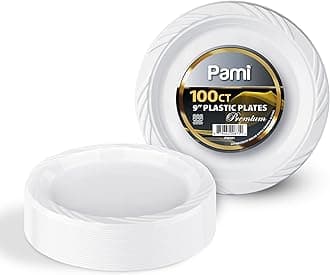 PAMI Premium Disposable Plastic Plates 9'' [Pack of 100] - White Party Plates For Dinner Desserts Appetizers- Heavy-Duty Microwavable Plates In Bulk For Any Occasion- Elegant Plastic Dinnerware Set