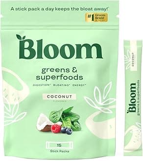 Bloom NutritionSuperfood Greens Powder Stick Packs, Digestive Enzymes with Probiotics and Prebiotics, Gut Health, Bloating Relief for Women, Chlorella, Green Juice Mix, 15 SVG, Coconut