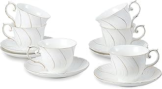 Tea Cups Set Of 6, Tea Cup And Saucer Set,6oz for Tea,Coffee, Latte, Cafe Mocha, Porcelain Tea Party Set (White with gold thread set of 6)