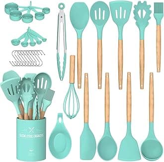 Umite Chef Kitchen Cooking Utensils Set, 24 pcs Non-stick Silicone Cooking Kitchen Utensils Spatula Set with Holder, Wooden Handle Heat Resistant Silicone Kitchen Gadgets Utensil Set (Green)