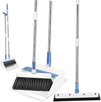 Long Handled Dustpan and Brush Set, Broom and Dustpan Set Long Handle, Upright Standing Dust Pan with Comb Teeth, 180° Rotating Sweeping Broom for Home Kitchen Lobby Indoor Outdoor, White