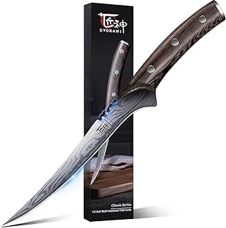 SYOKAMI Fillet Knife, Razor Sharp 7.2 Inch Boning Knife, High Carbon Stainless Steel Filet Knives with High Flexibility, Wooden Handle, Full Tang Damascus Pattern Fishing Knives, Ideal Gift