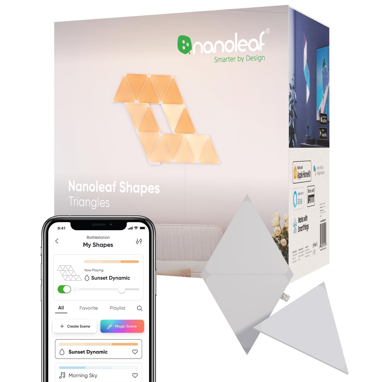 Nanoleaf Shapes Smart Light Panel, Nano Leaf Triangle, Expansion Pack, Set of 3, Additional Panels, Music Linkage, Built-in Rhythm Module, Direct Connection, 16.8 Million Colors, RGBCW, Alexa, Google Home, Games, Glowing Wall Decor, Interior Lighting, Ambiance Lights