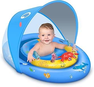LAYCOL Baby Pool Float with 120° Adjustable Canopy UPF50+ Sun Protection and Ocean Animal Toy, Inflatable Pool Floats for Pool Toys, Baby Beach Essentials with Safety Seat, Toddler Floaties for 6-36M