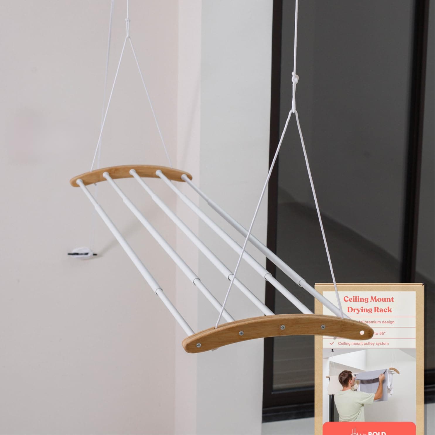 Ceiling Mounted Drying Rack - Bamboo, Iron - Clothes Drying Rack - Pulley System - Space-Saving - Indoor/Outdoor Use
