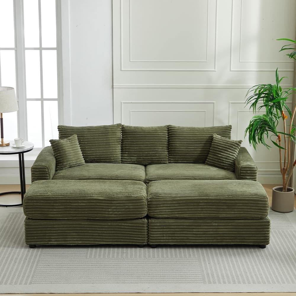 WILLIAMSPACE 82.68" Sectional Sofa Cloud Couch with 2 Ottomans for Living Room, Modern Upholstered 3 Seater Sofa Reading Chair Couch with 2 Pillows, Reclining Sofa Bed, Corduroy (Green)