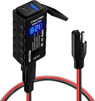 BATIGE Motorcycle USB Charger SAE to USB Adapter Type C and Quick Charge USB 3.0 with Voltmeter, ON/Off Switch and 3.6FT SAE Extension Cable Waterproof 3 Install Options for GPS Smartphone Camera