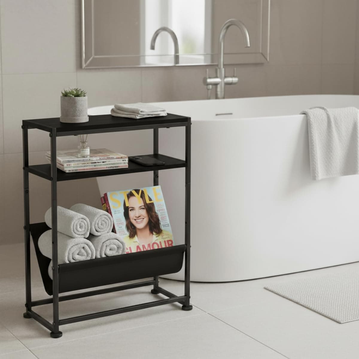 ZEXVIDA Slim Side Table with Magazine Rack, Width 40×Depth 16.5×Height 55 cm, Storage Shelf, Rack, Small, Slim, Mini, Compact, Bedside Table, Wood Grain