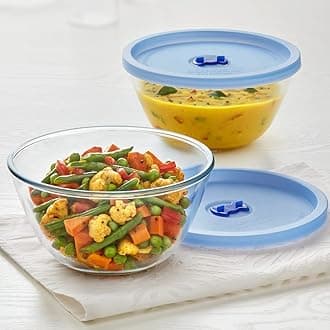2pc Set of 500ml Round Shape Select Serving & Mixing Bowl with Blue Lid | Borosilicate Glass Bowl for Kitchen & Dinning | Bowl for Mixing Dough, Salad, Batter | Microwave & Dishwasher Safe