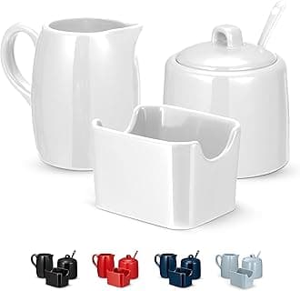 Sugar and Creamer Set, 3 Piece, Pitcher, Sugar Bowl with Lid and Spoon, Sweetener Holder (White)