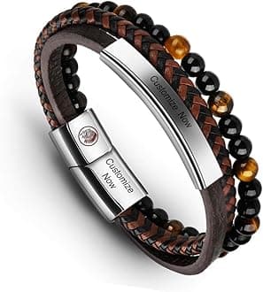 Casisto.J Mens Leather Bracelet – Classic Handmade Braided Black & Brown Cuff Bracelet with Engraved Magnetic Clasp Free Jewelry Gift Boxed