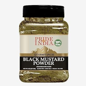 Pride of India – Black Mustard Seed Ground – Perfect Ingredient in Spice Blends – Spice up Pickles/Curries/Stews – Additives Free/Gourmet Spice – Easy to Store – 8 oz. Medium Dual Sifter Bottle
