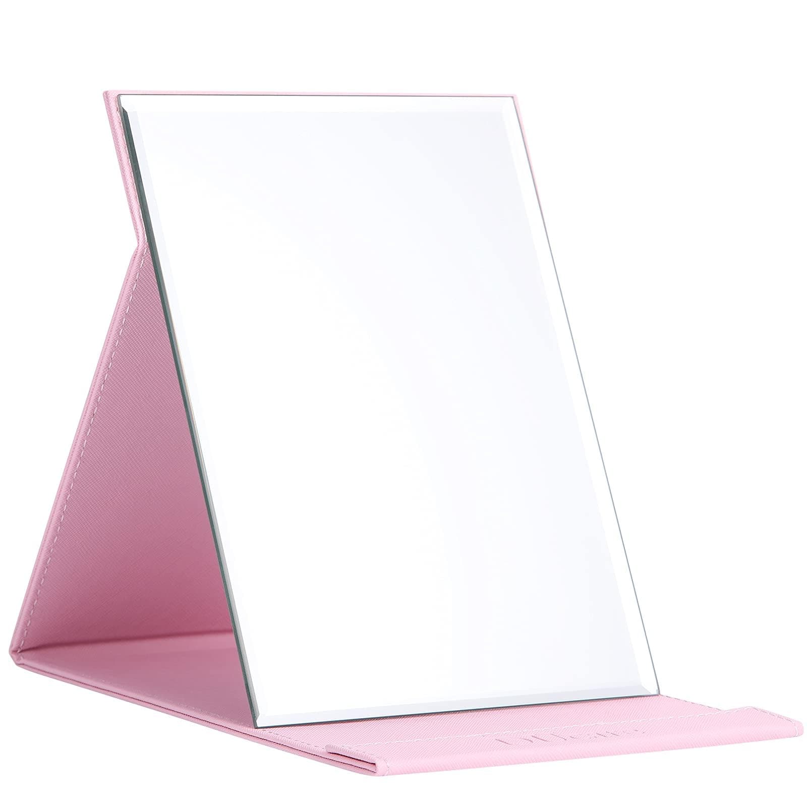 Leather Craft Makeup Mirror Free Standing Super HD Large Compact Mirror for Desk, Office, Home, Camping, Travel - Pink