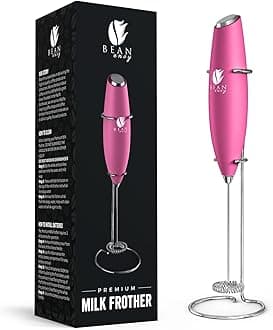 Milk Frother for Coffee - Handheld, Mini Electric Drink Mixer, Foamer & Frother with Stand for Coffee, Lattes, Hot Chocolates and Shakes - Raspberry