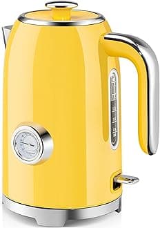 SUSTEAS Electric Kettle - 57oz Hot Tea Kettle Water Boiler with Thermometer, 1500W Fast Heating Stainless Steel Tea Pot, Cordless with LED Indicator, Auto Shut-Off & Boil Dry Protection, Retro Yellow