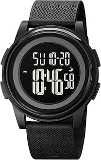 SKMEIMen Digital Sports Watch Ultra-Thin Large Face Waterproof Wrist Watches for Men with Stopwatch Countdown Timer Alarm Function Dual Time LED Back Light, 1895-All Black-F, 1.81*1.57*0.39 inch,