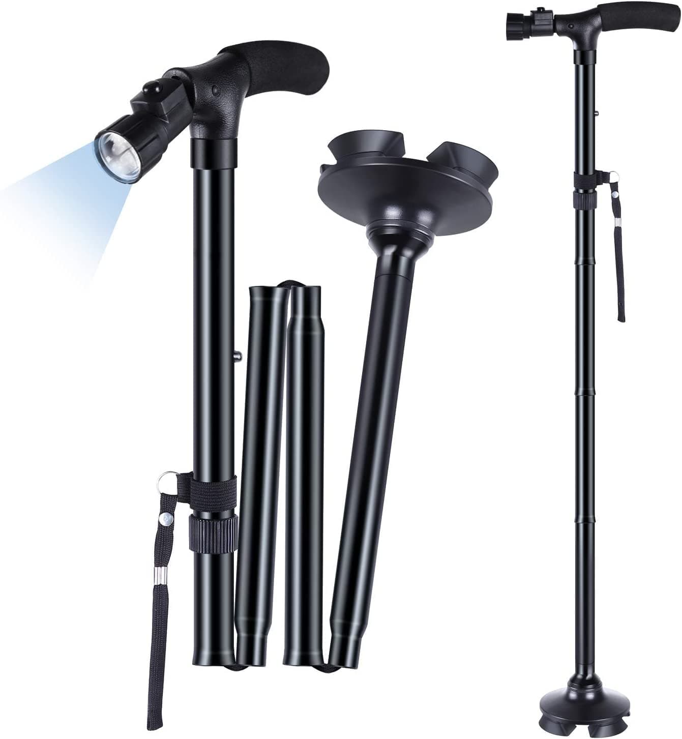 YOMYM Adjustable Folding Cane, Adjustable Folding Cane with LED Light, for Old Man and Women, Black