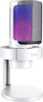 FIFINE Gaming USB PC Computer RGB Microphone for Live Streaming, Meeting, Podcasting, Video, Condenser Mic with Monitoring Headphone Jack, Light Control, for MAC OS/Windows-AmpliGame A8 White