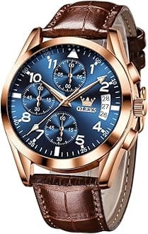 OLEVSOLEVS Watches for Men Brown Leather Gold Case Analog Quartz Fashion Business Dress Watch Day Date Luminous Waterproof Casual Male Wrist Watches